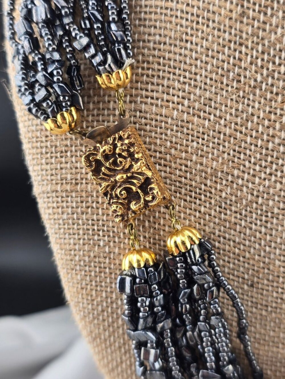 14-Strand Hematite Beaded Necklace 21" Ornate Gold-Tone Clasp Made In Italy BOLD - Picture 8 of 12